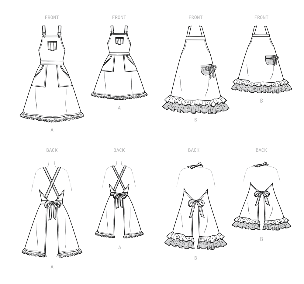 Simplicity S9395 sewing pattern envelope showing aprons for adults, children and an 18 inch doll