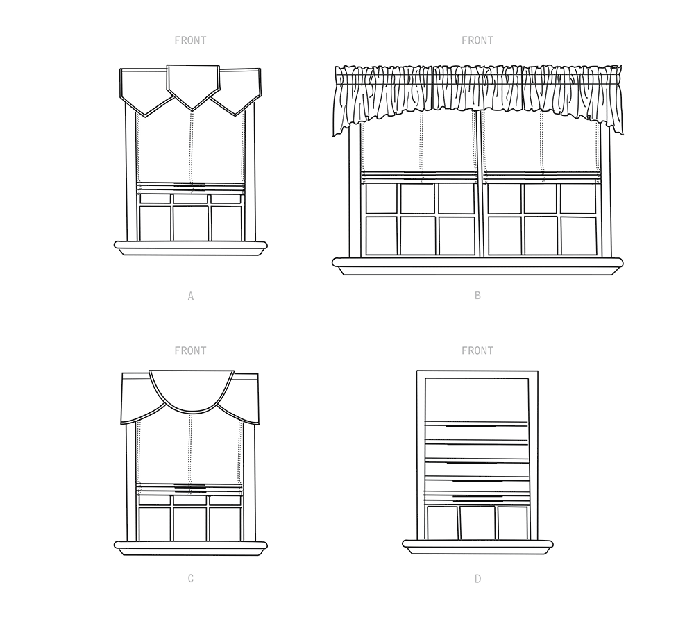 Simplicity S9399 sewing pattern envelope showing Roman blinds and valances on windows
