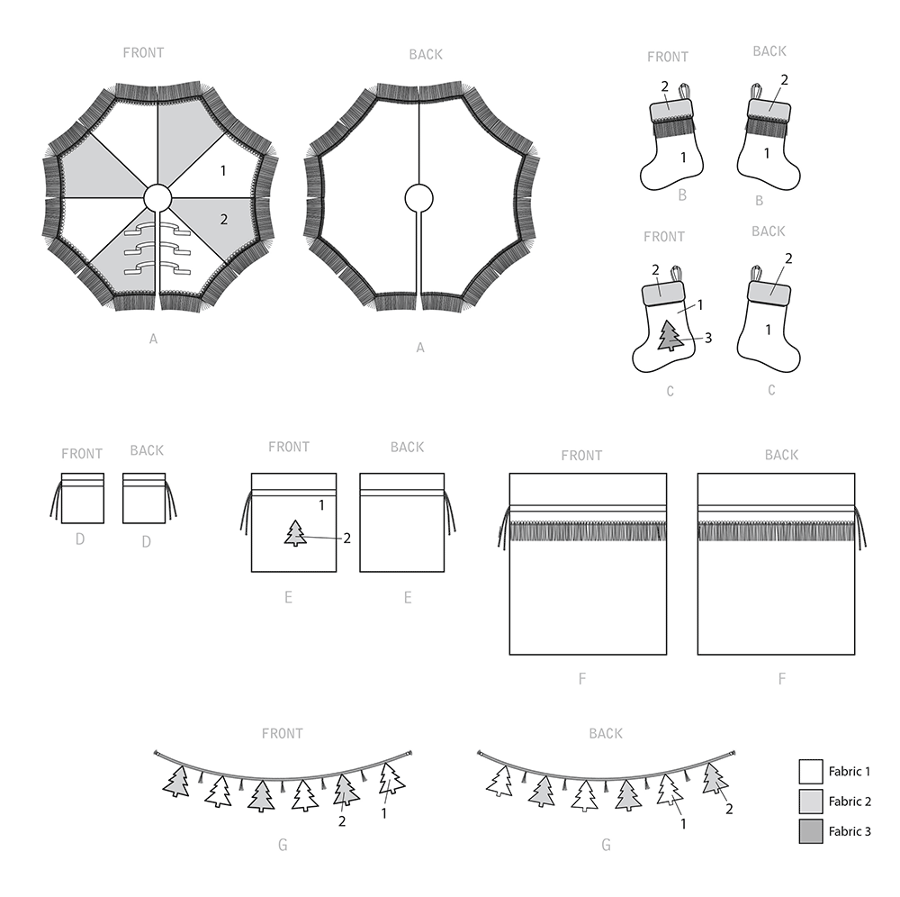 Simplicity S9428 sewing pattern envelope showing Christmas stockings, gift sacks and tree mat