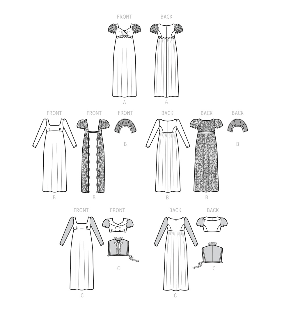 Simplicity S9502 pattern envelope showing three Regency style empire waist gowns
