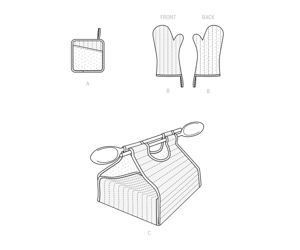 Simplicity S9528 pattern envelope showing potholders, oven mitts and casserole carriers