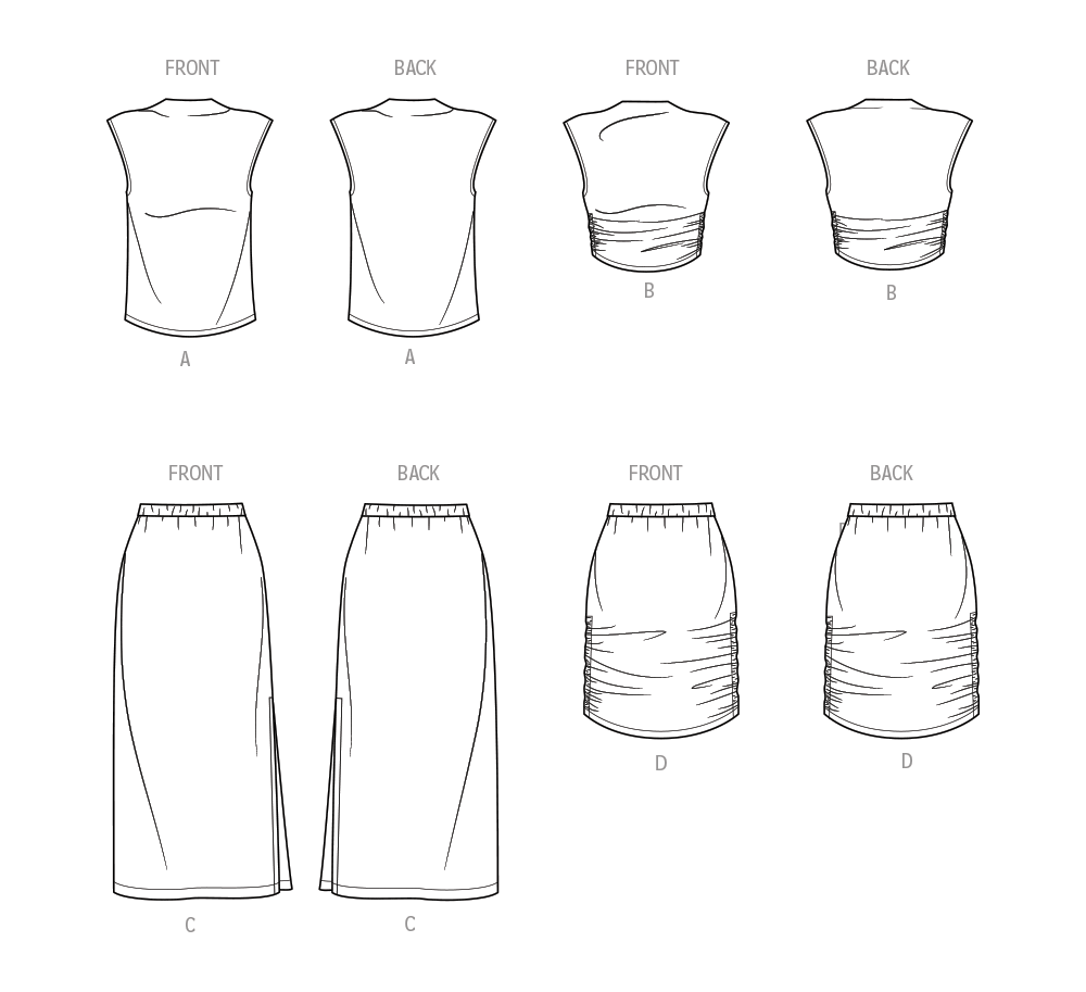 Simplicity S9757 sewing pattern envelope showing knit tops and skirts