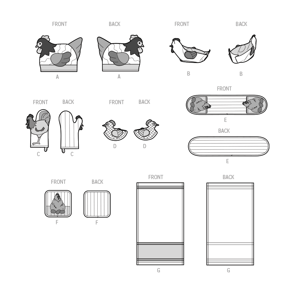 Simplicity S9773 sewing pattern envelope showing a chicken tea cosy, fabric bowl and oven gloves