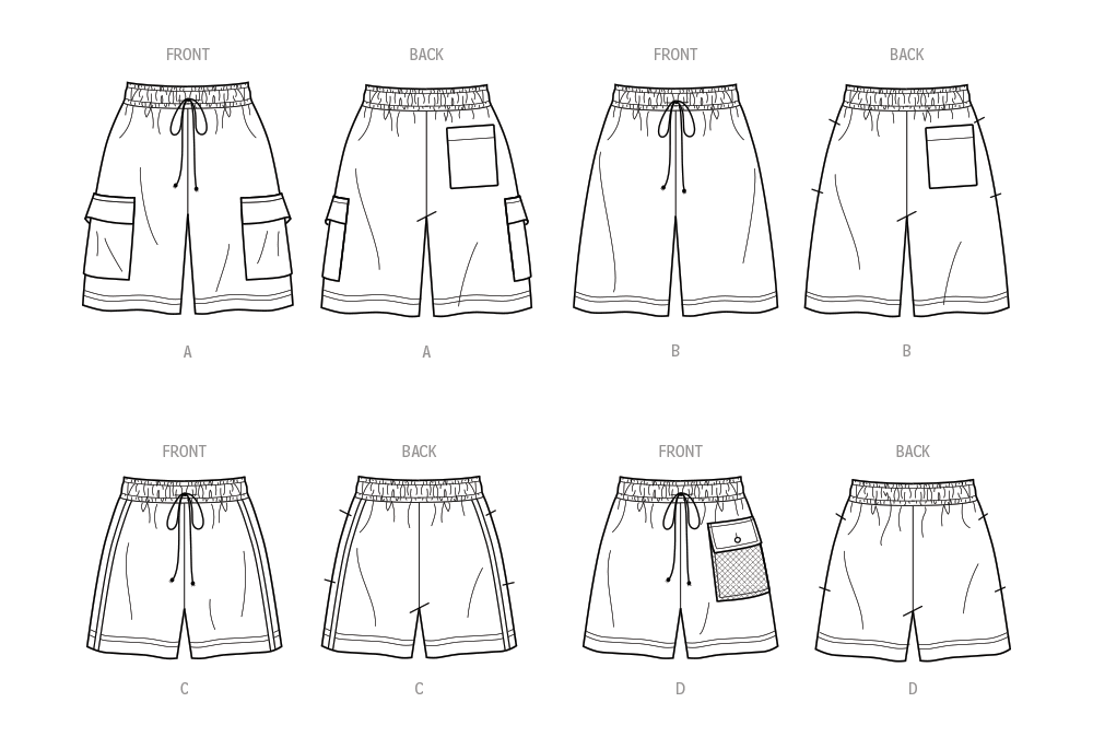 Simplicity sewing pattern S9795 envelope showing unisex pull-on shorts designs
