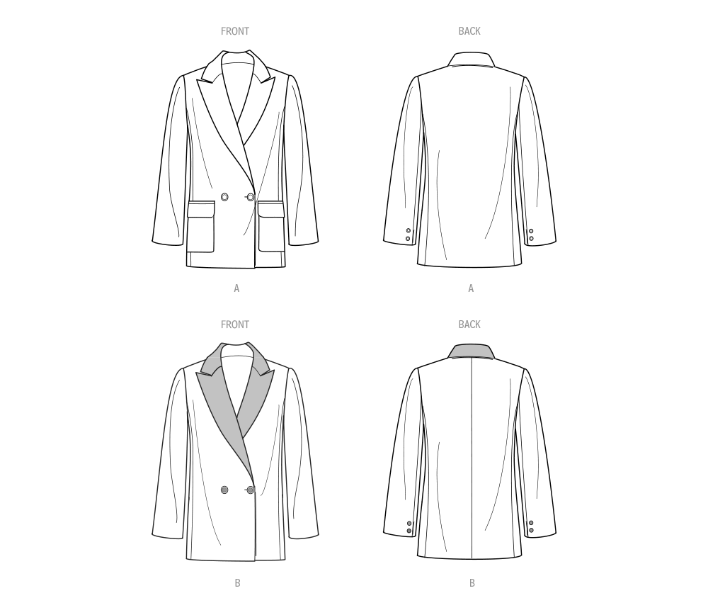Simplicity sewing pattern S9825 envelope showing misses' double breasted jacket designs
