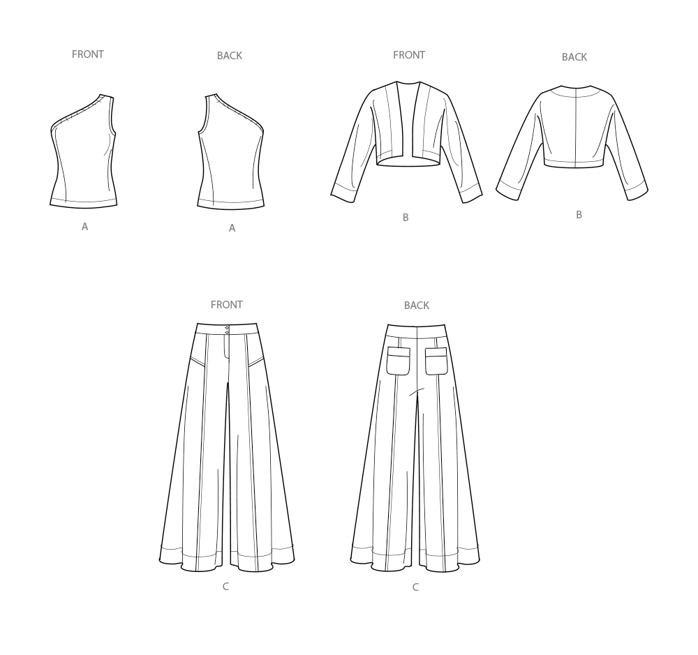 Simplicity S9925 sewing pattern envelope showing trousers, a shrug and a top