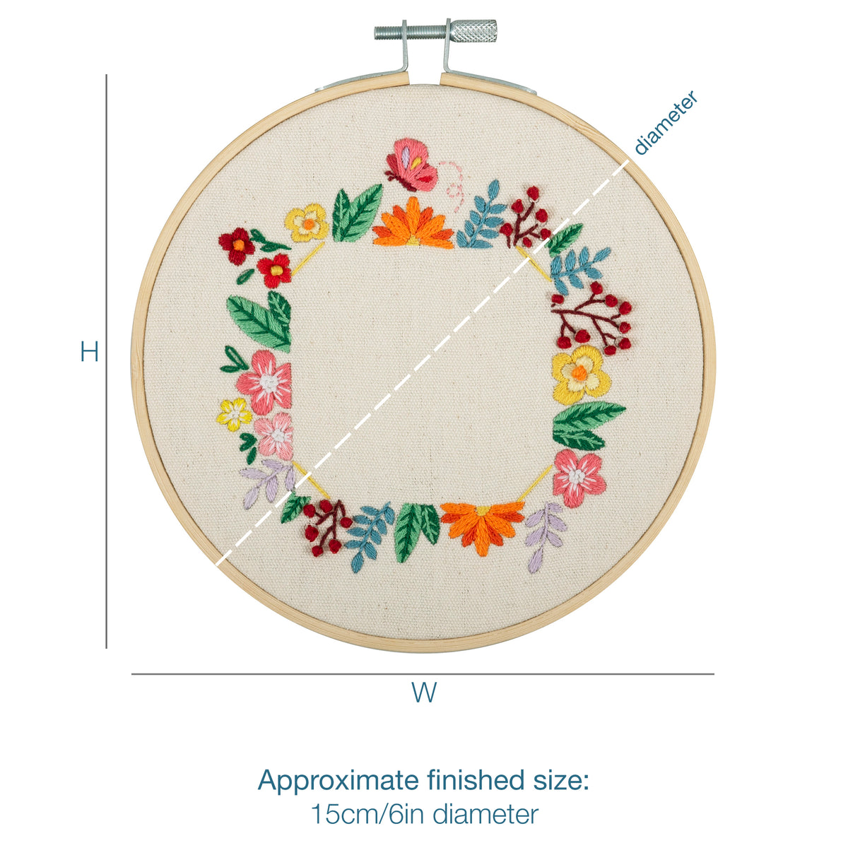 Finished floral photo frame embroidery in a 15cm bamboo hoop