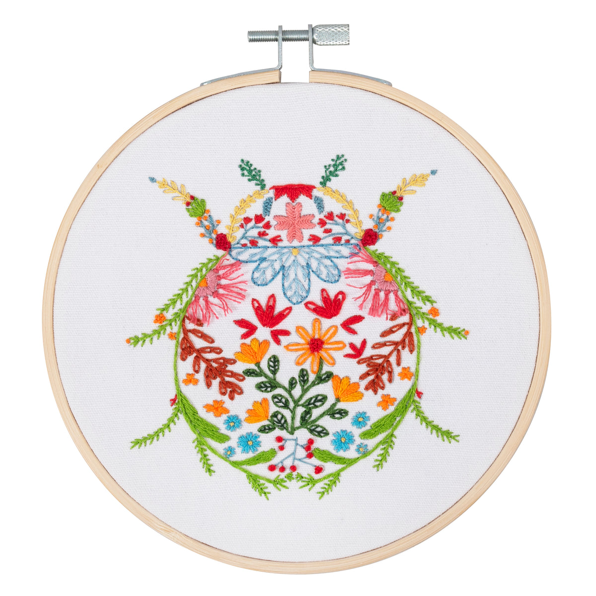 Finished bug embroidery in a 15cm bamboo hoop