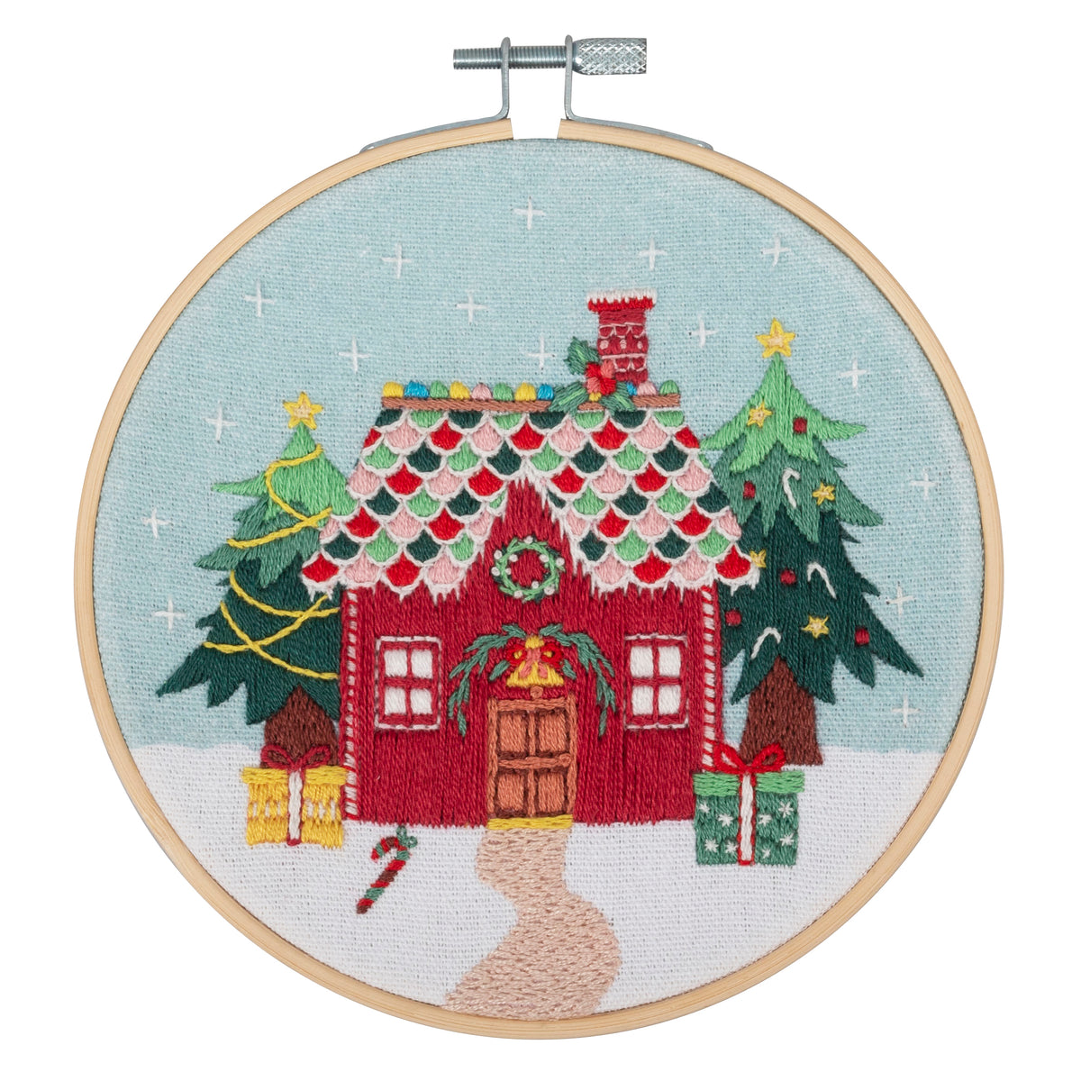 Finished christmas cottage embroidery in a 15cm bamboo hoop