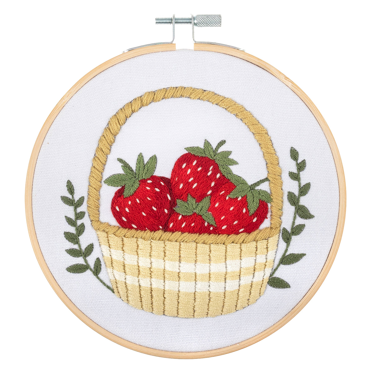 Finished strawberries embroidery in a 15cm bamboo hoop