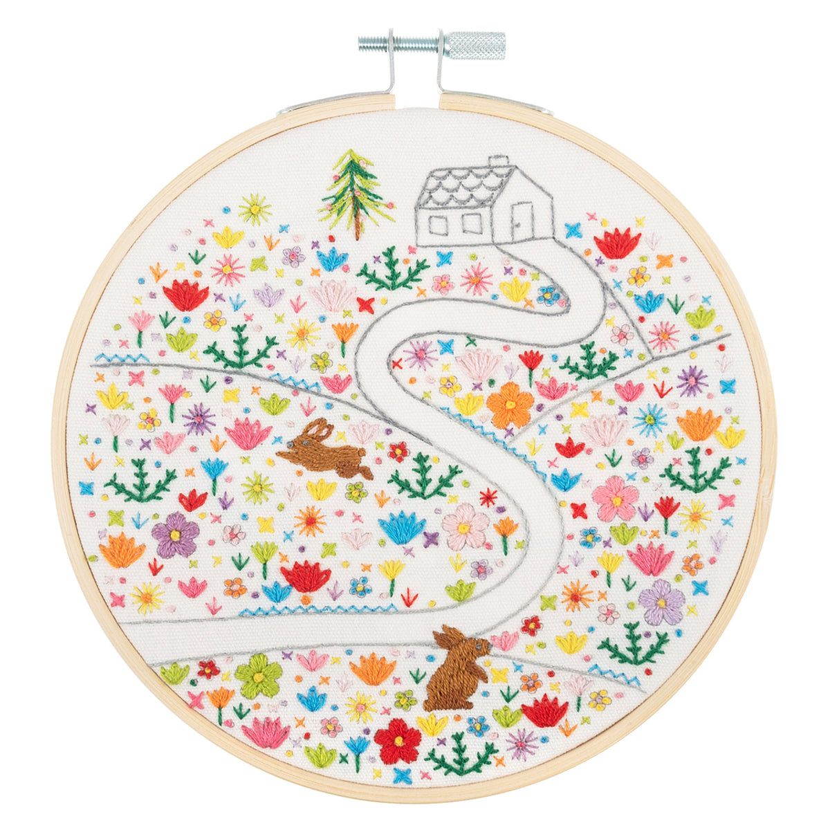 Finished floral journey embroidery in a 15cm bamboo hoop