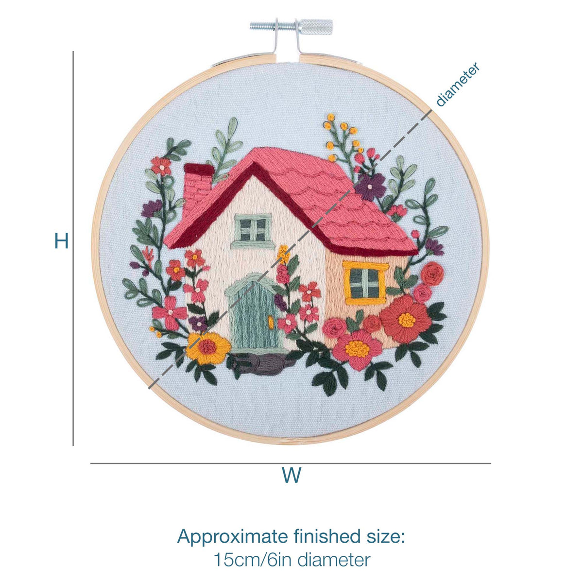 Finished house embroidery in a 15cm bamboo hoop