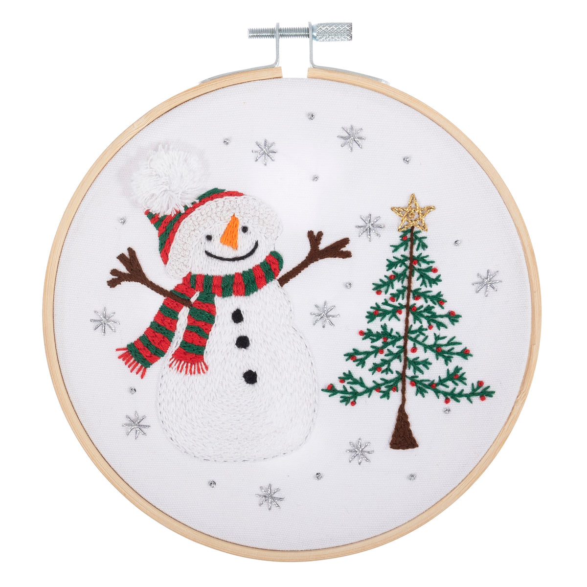 Finished snowman embroidery in a 15cm bamboo hoop