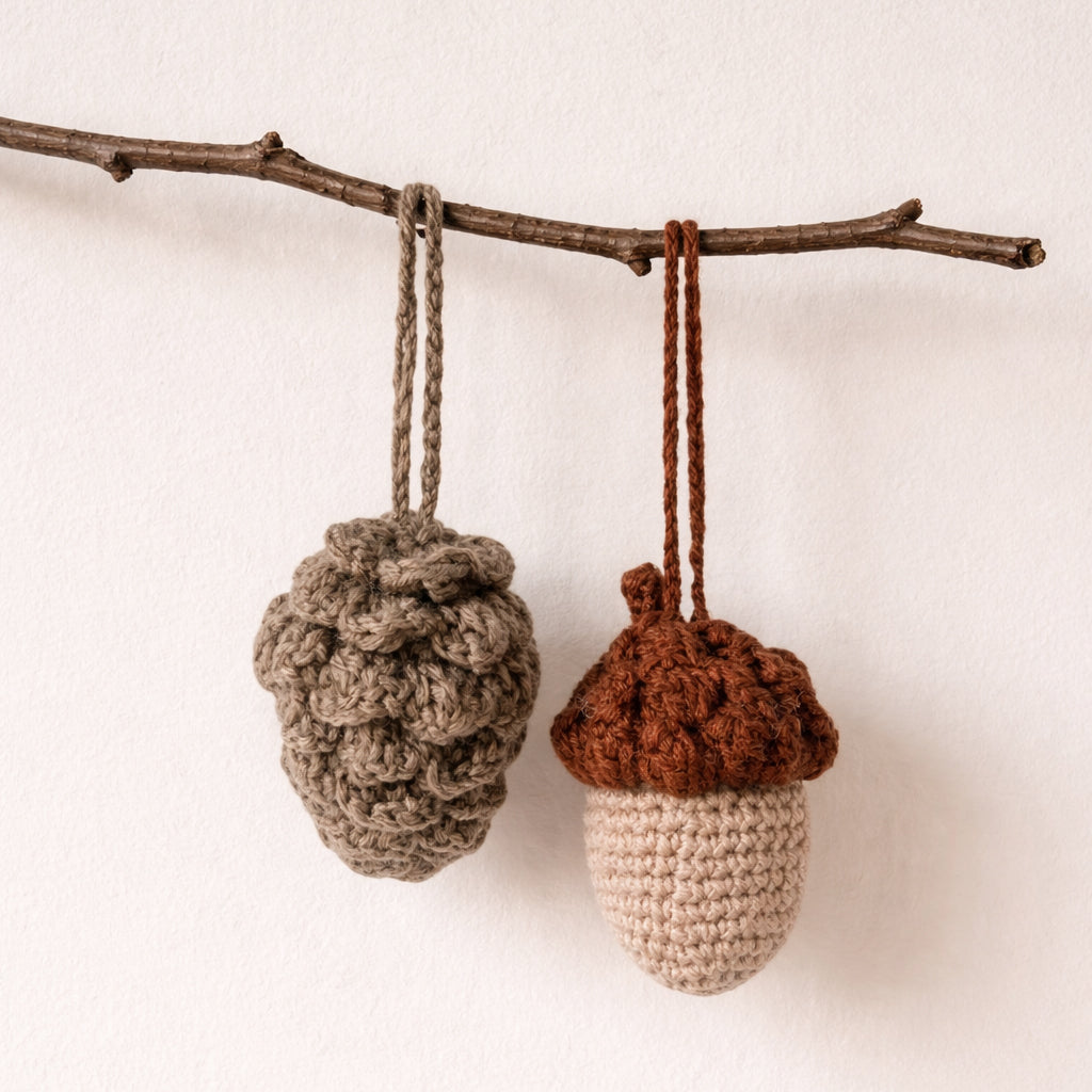 Crocheted amigurumi pinecone and acorn with Trimits kit