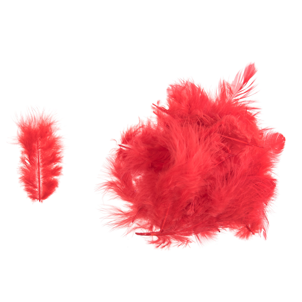 Red dyed hen feathers in a clear pack