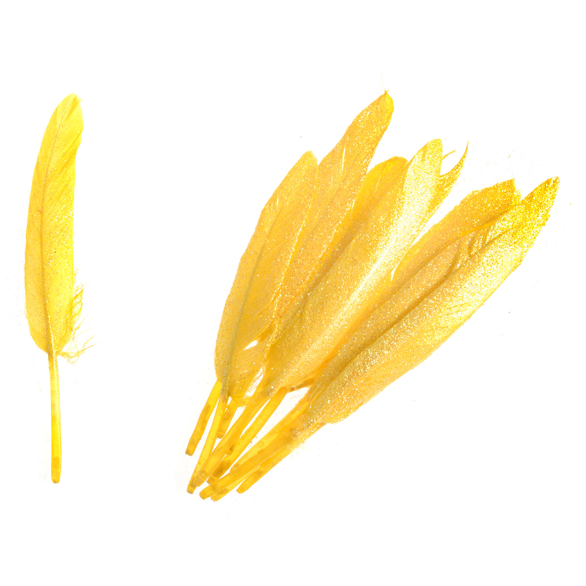Yellow glitter duck feathers in a pack