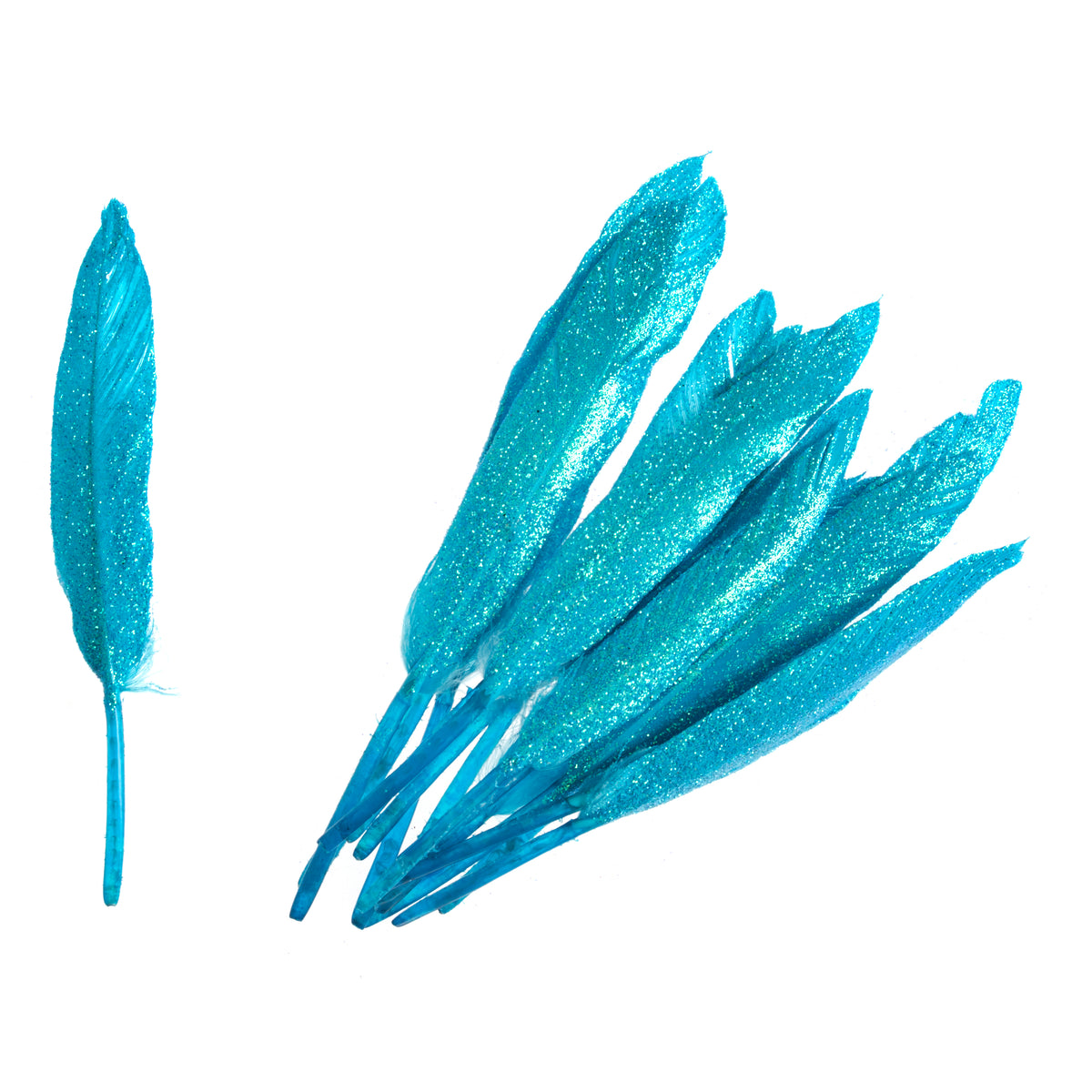 Turquoise glitter duck feathers in a pack