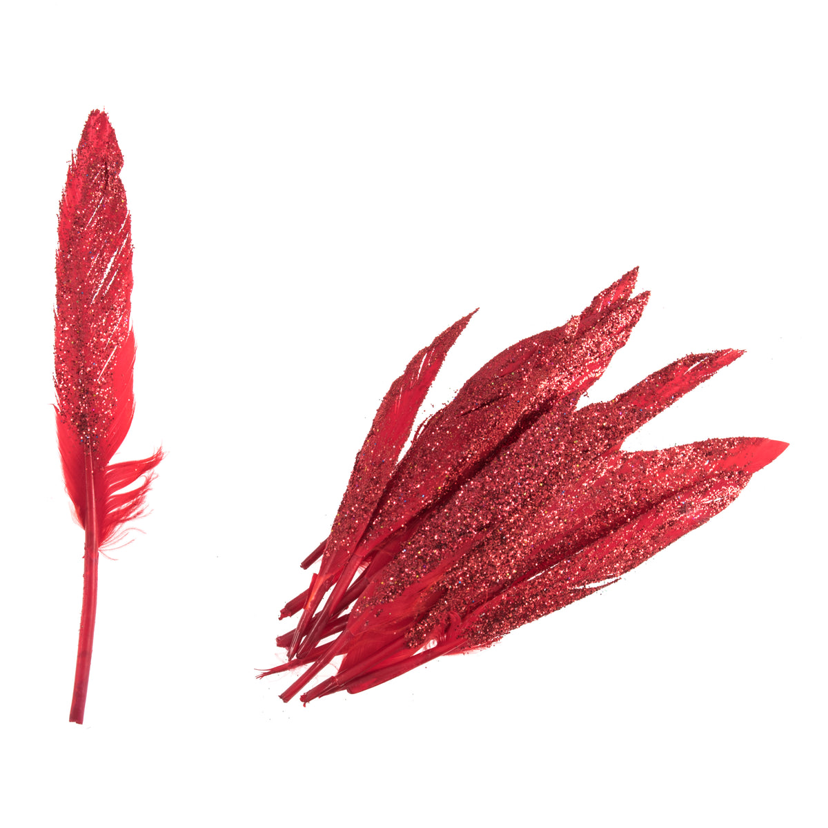 Red glitter duck feathers in a pack