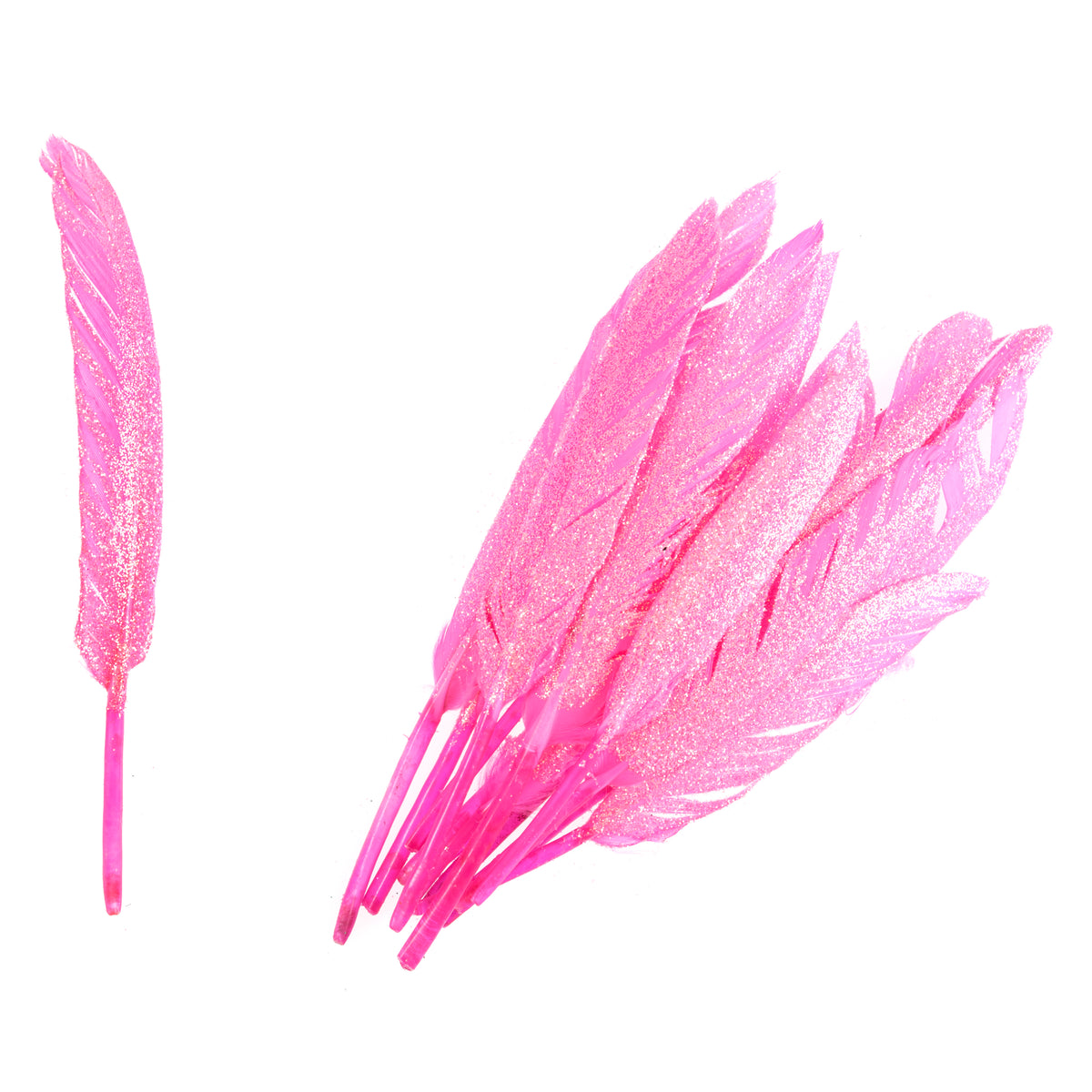 Cerise glitter duck feathers in a pack