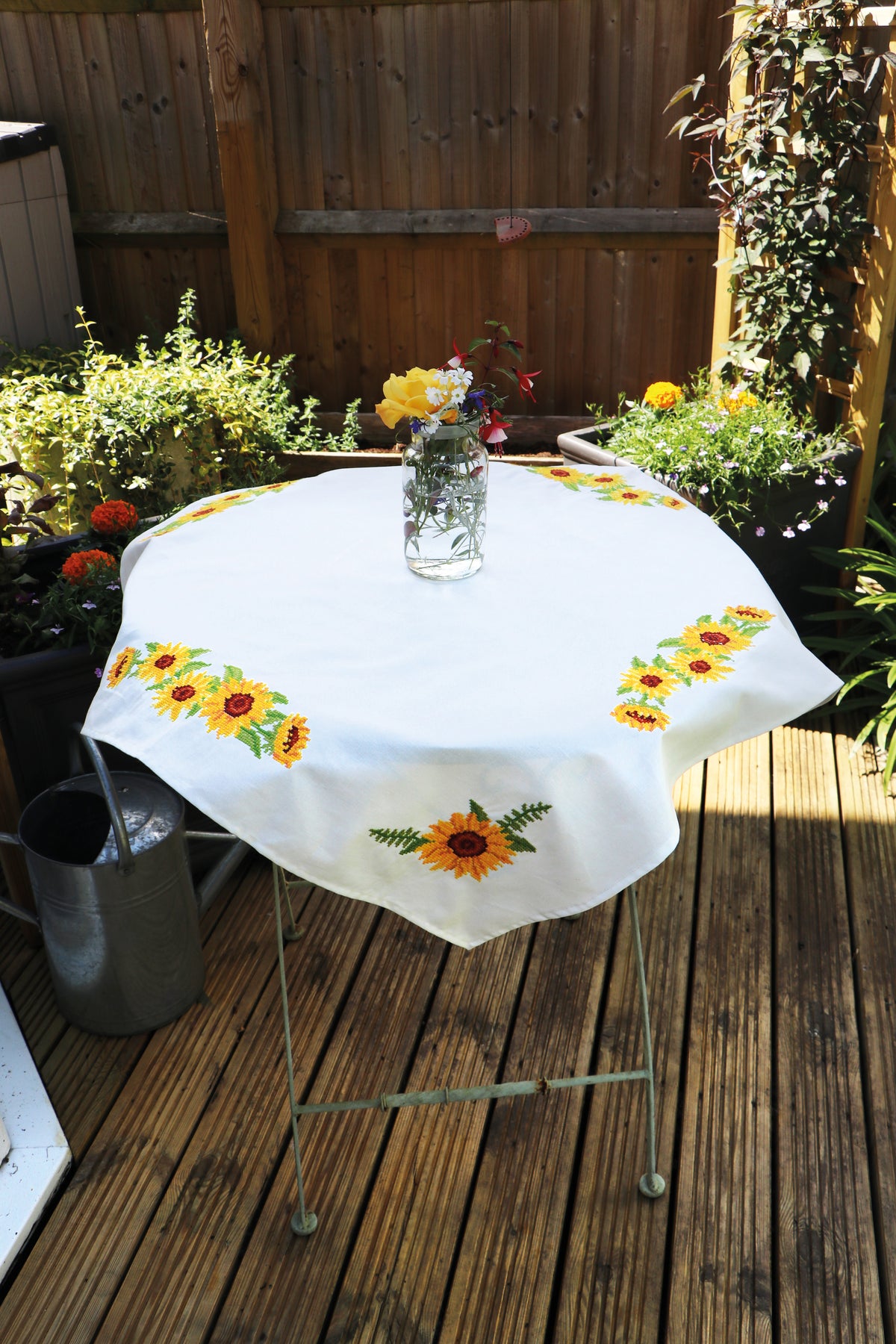 Cross stitched cotton tablecloth with sunflower design