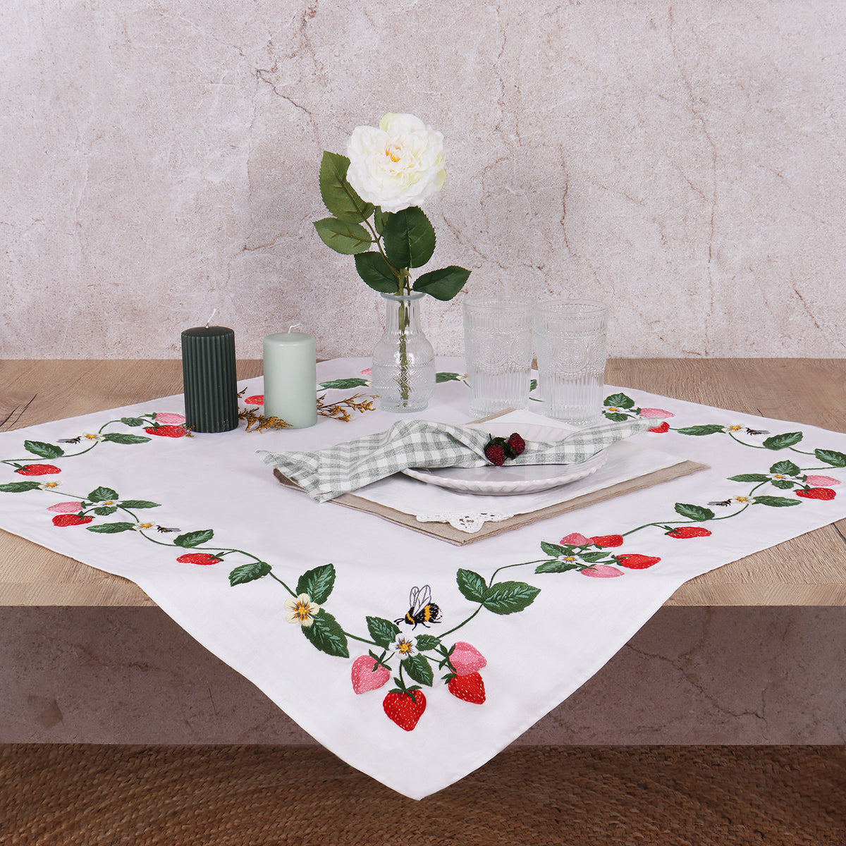 Embroidered cotton tablecloth with strawberry design