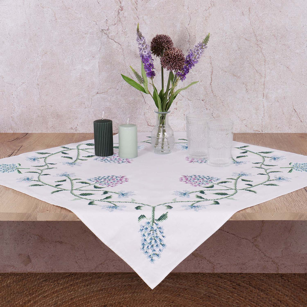 Cross stitched cotton tablecloth with hydrangea design