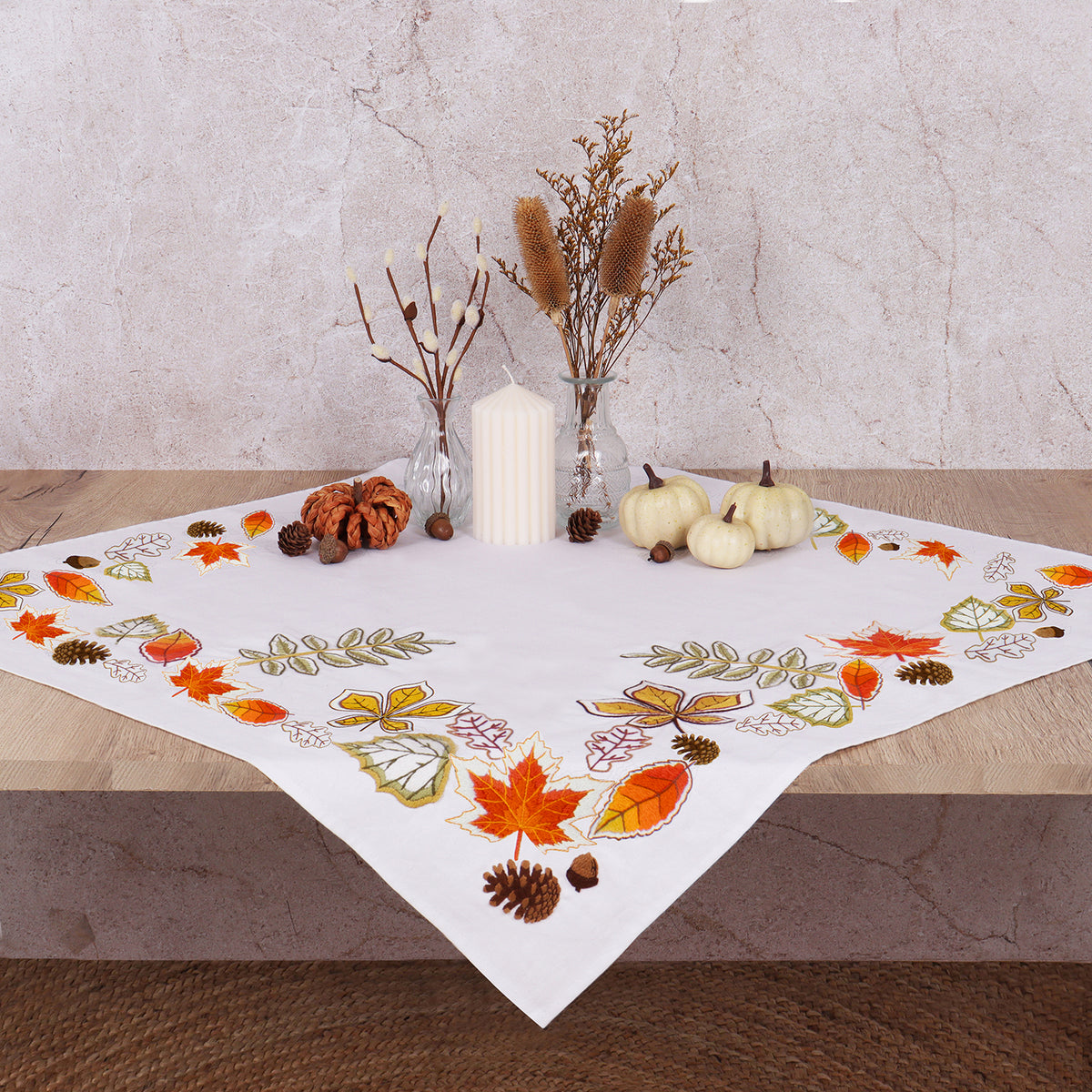 Embroidered cotton tablecloth with autumn leaves design