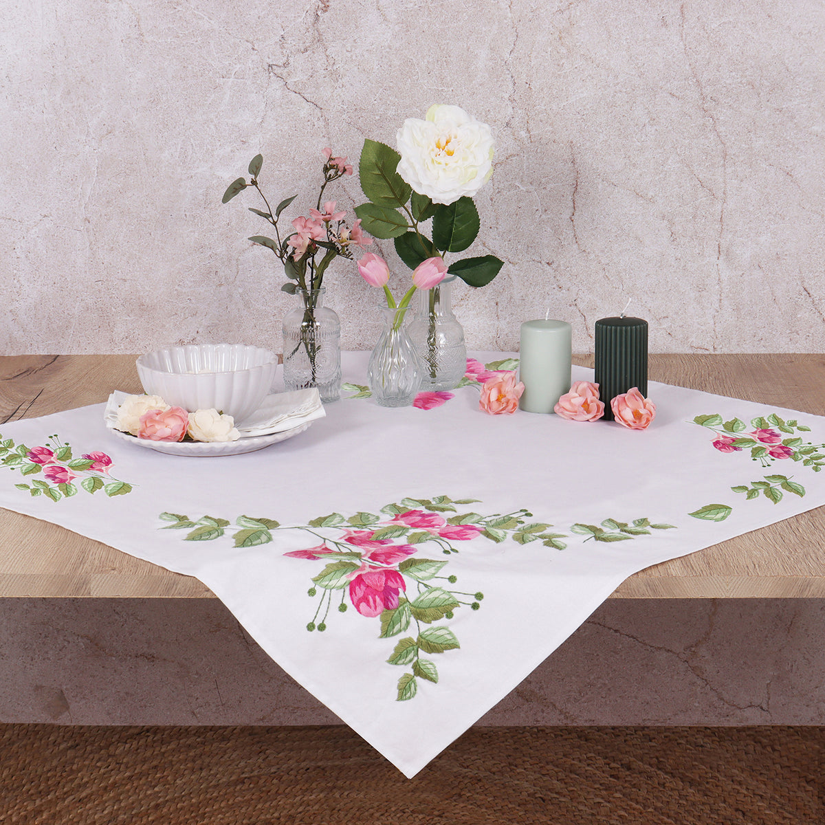 Trimits Floral Berries embroidery tablecloth kit with printed design