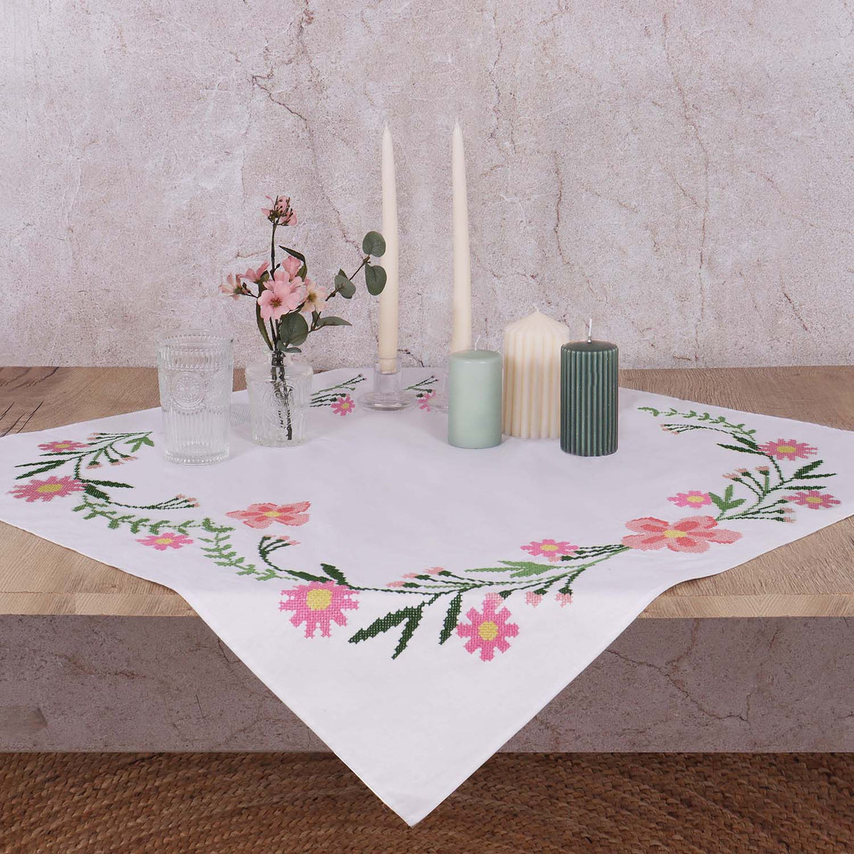 Trimits Daisy Flowers cross stitch tablecloth kit with printed design