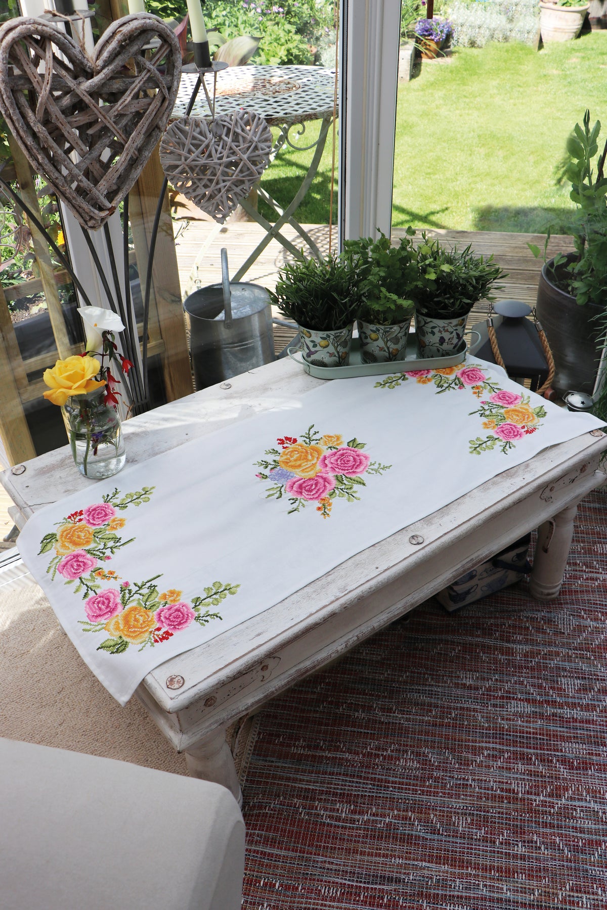 Trimits Floral Bouquet cross stitch table runner kit with printed design