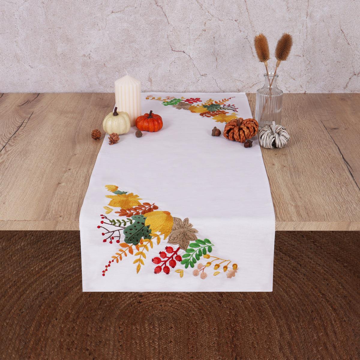 Pre-printed cotton table runner with autumnal harvest embroidery design