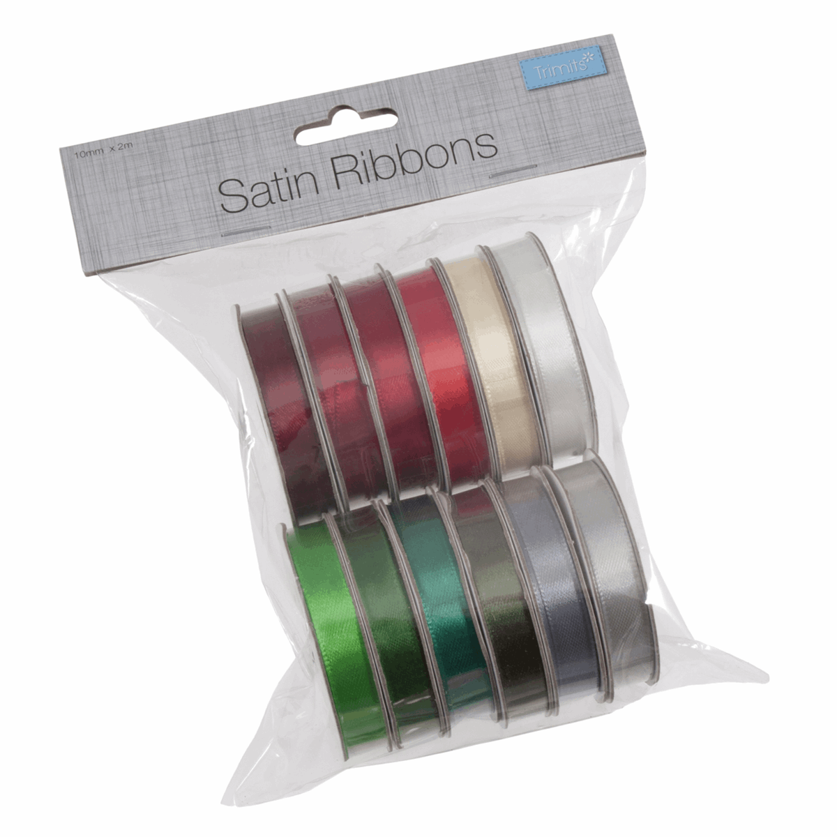 Christmas Satin Ribbon Bundle - 2m x 10mm (Pack of 12 Assorted Colours)