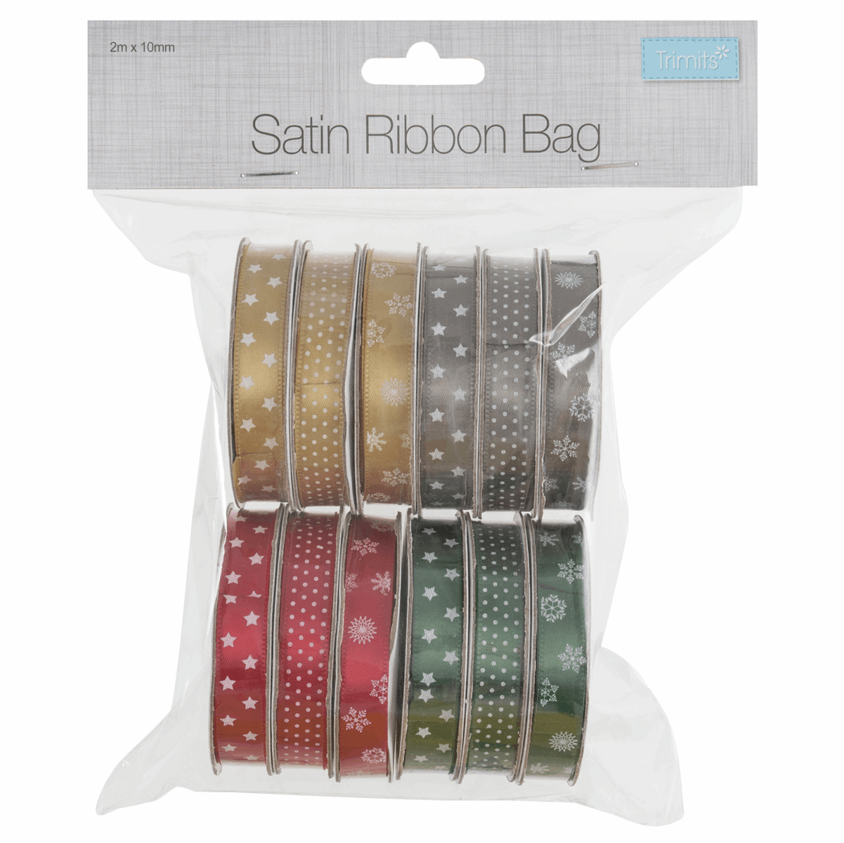 Christmas Printed Satin Ribbon Bundle - 2m x 10mm (Pack of 12)