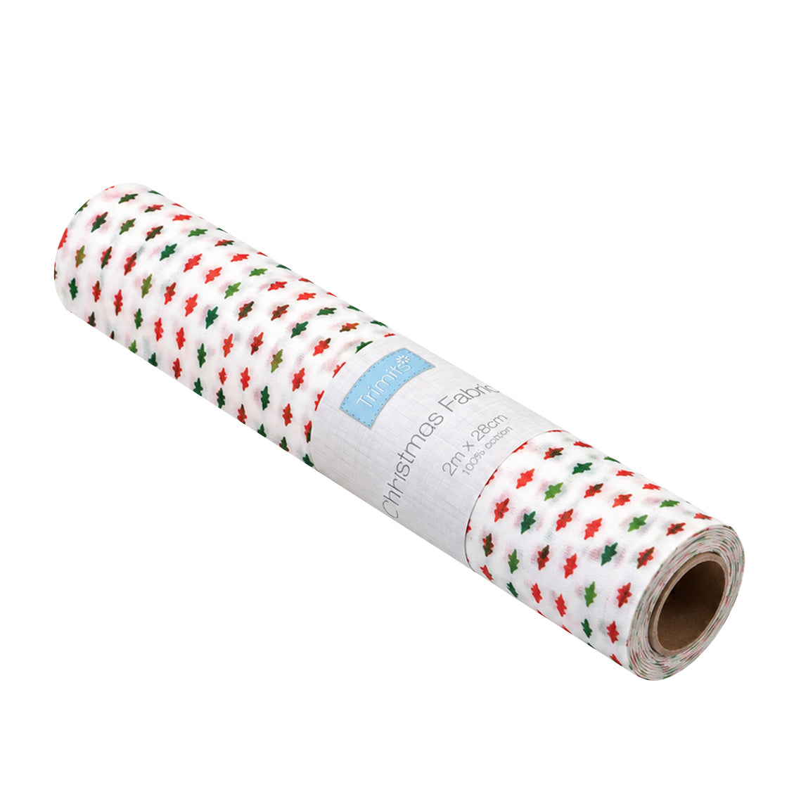 White Christmas fabric roll with small red and green tree print