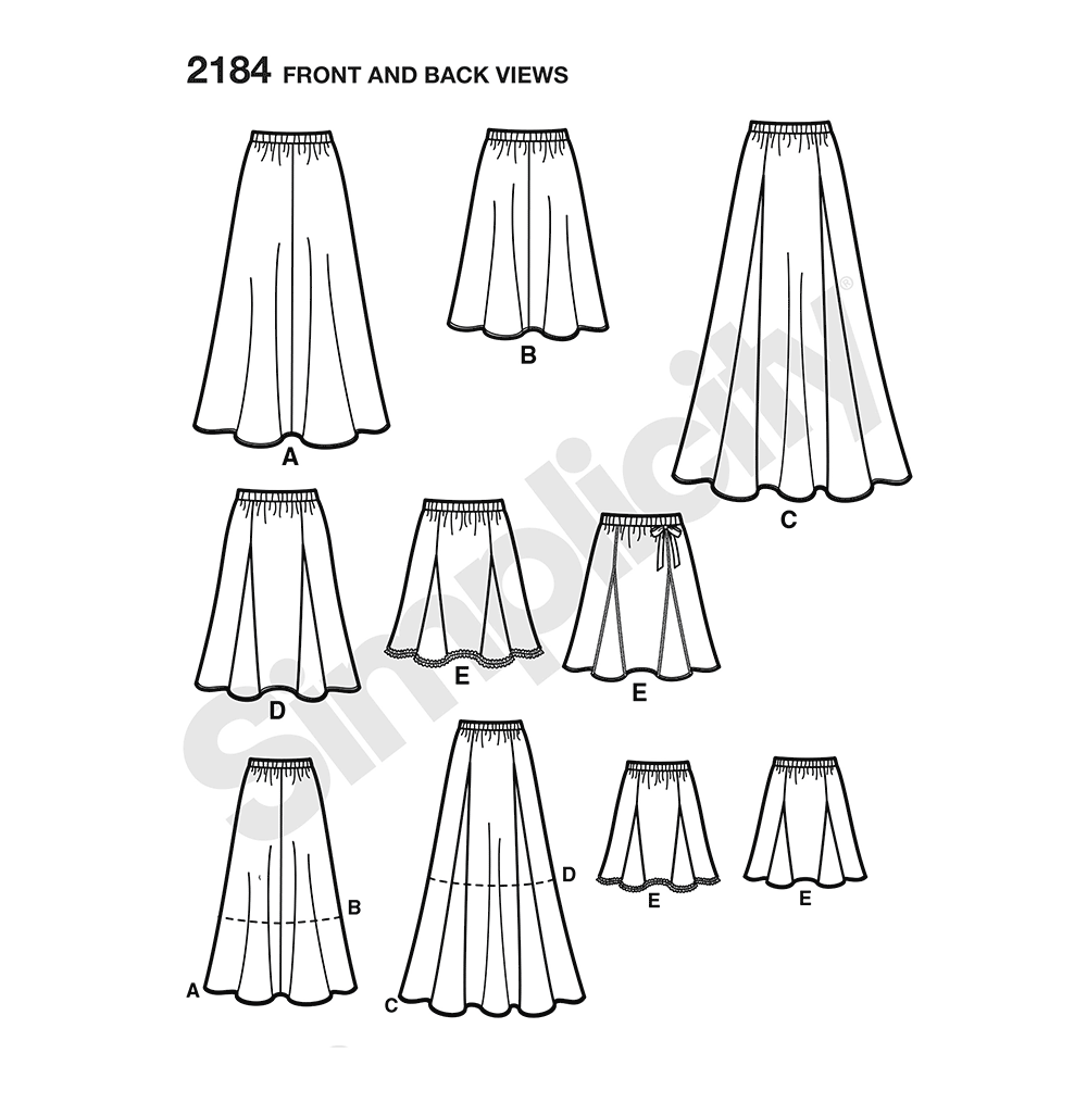 Simplicity S2184 sewing pattern envelope showing misses' skirts