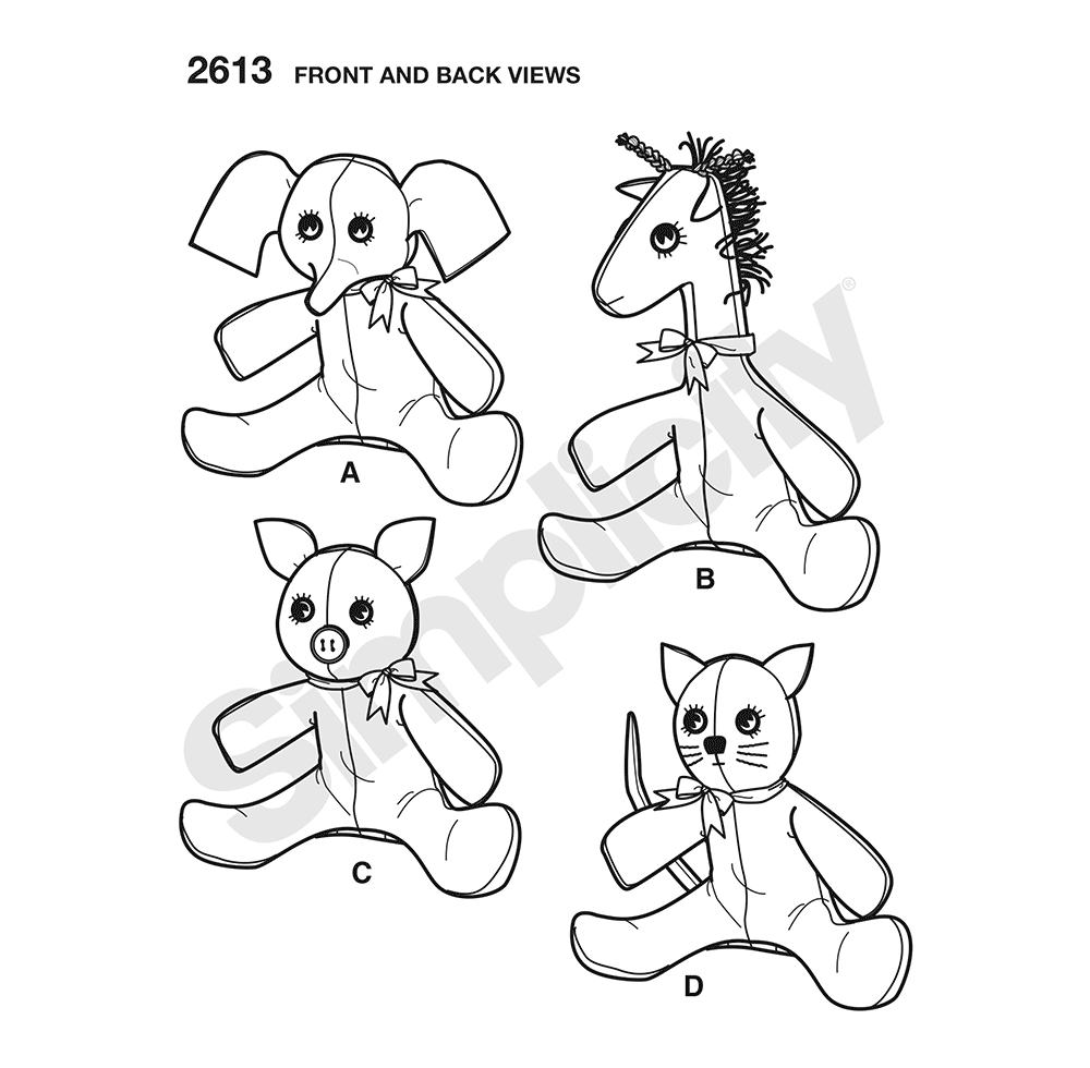 Simplicity S2613 sewing pattern envelope showing stuffed animals