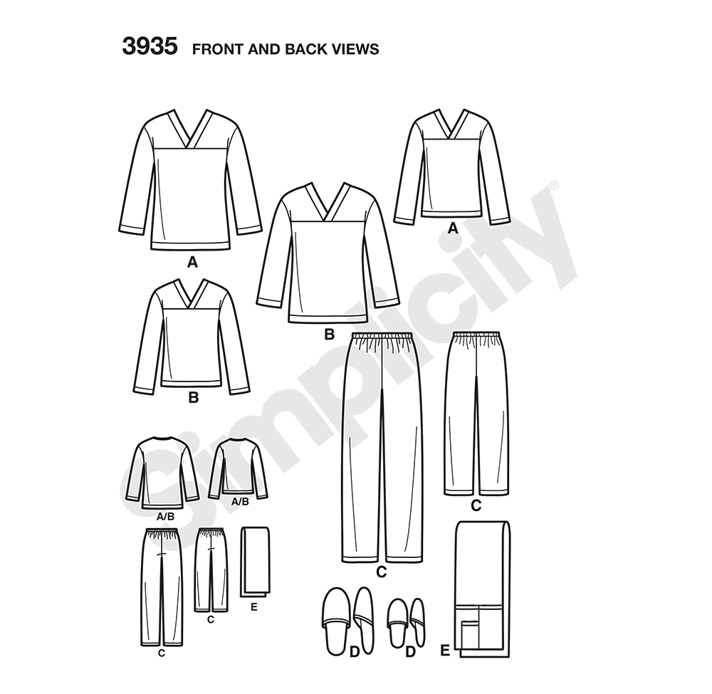 Simplicity S3935 sewing pattern envelope showing unisex lounge trousers, top and slippers