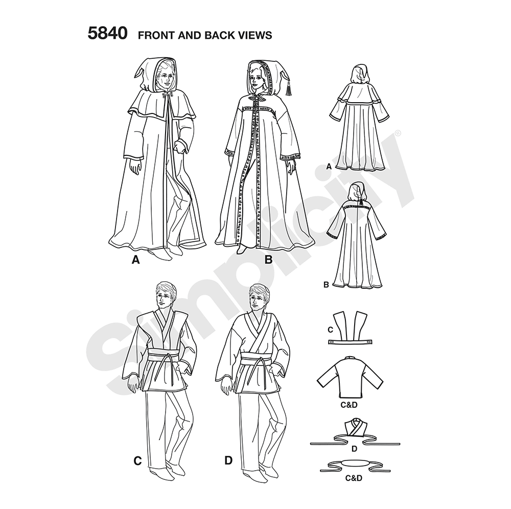 Simplicity S5840 sewing pattern envelope showing unisex costumes