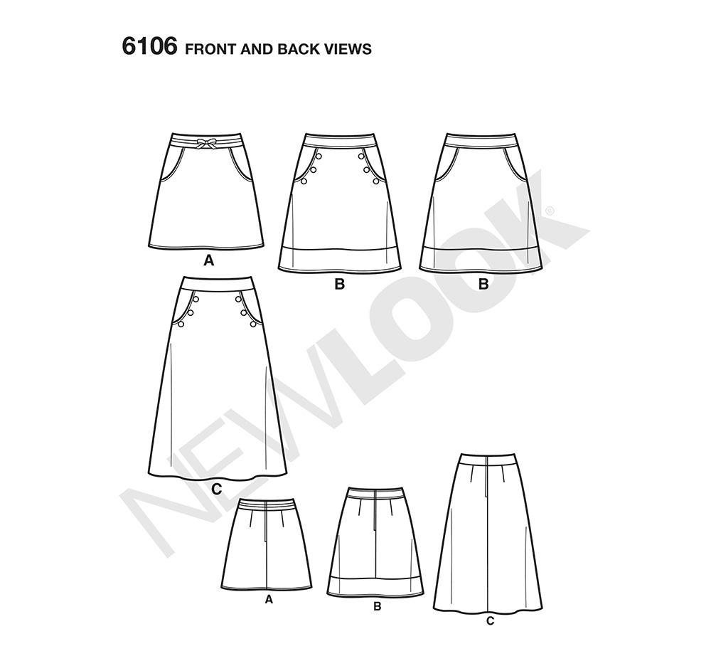 New Look N6106 sewing pattern envelope showing misses' a-line skirt