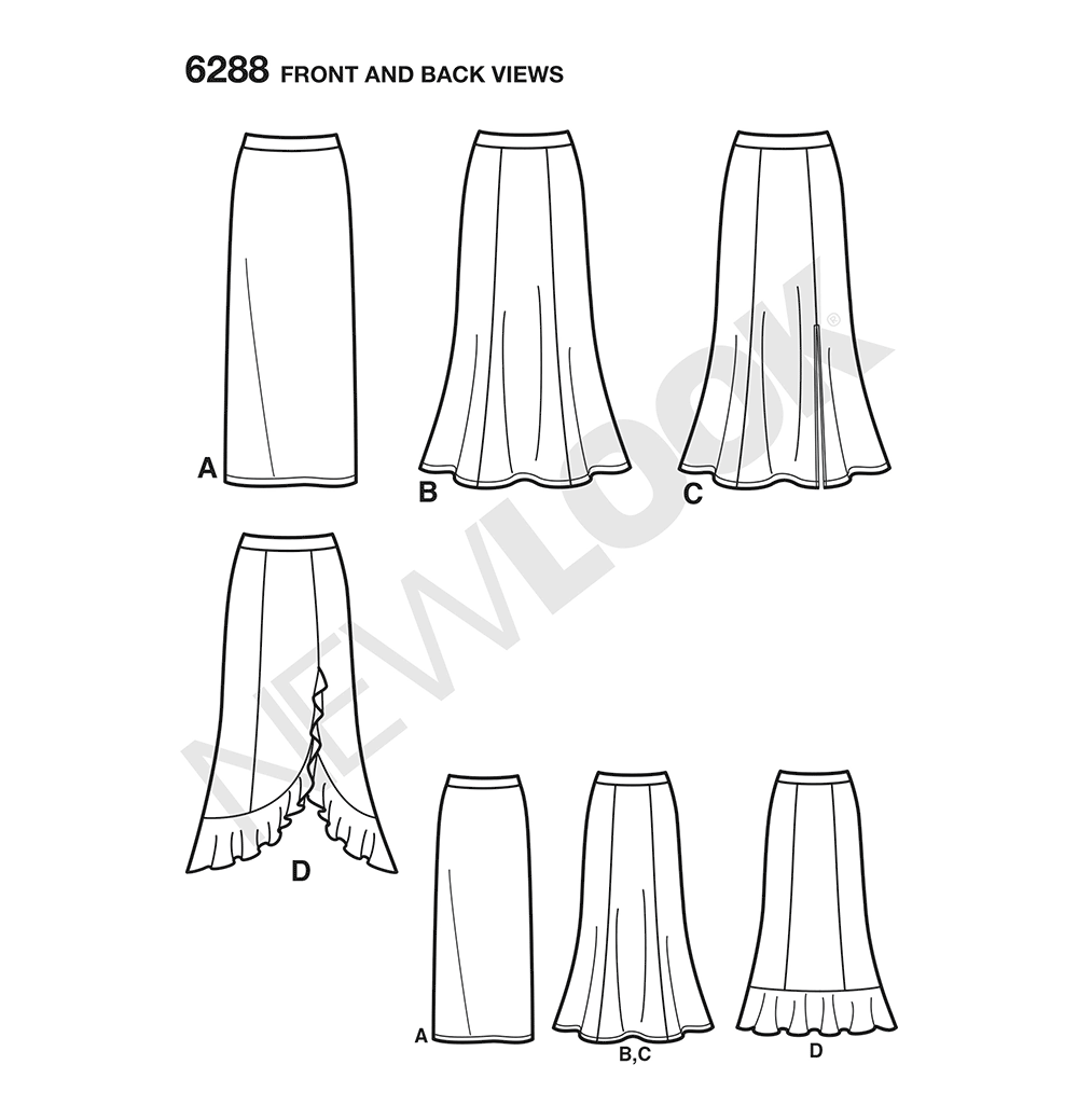 New Look N6288 sewing pattern envelope showing pull-on maxi skirts