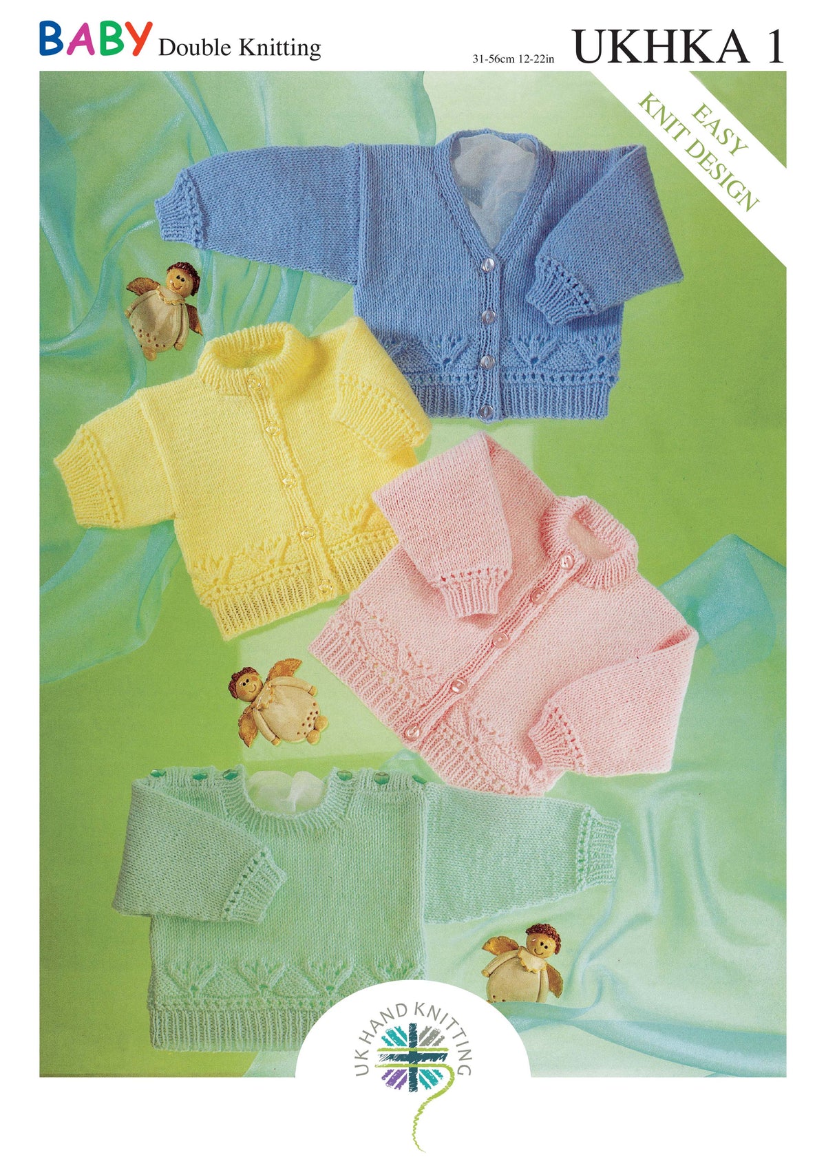 Cover of a UK Hand Knitting Association knitting pattern showing baby cardigans and sweaters