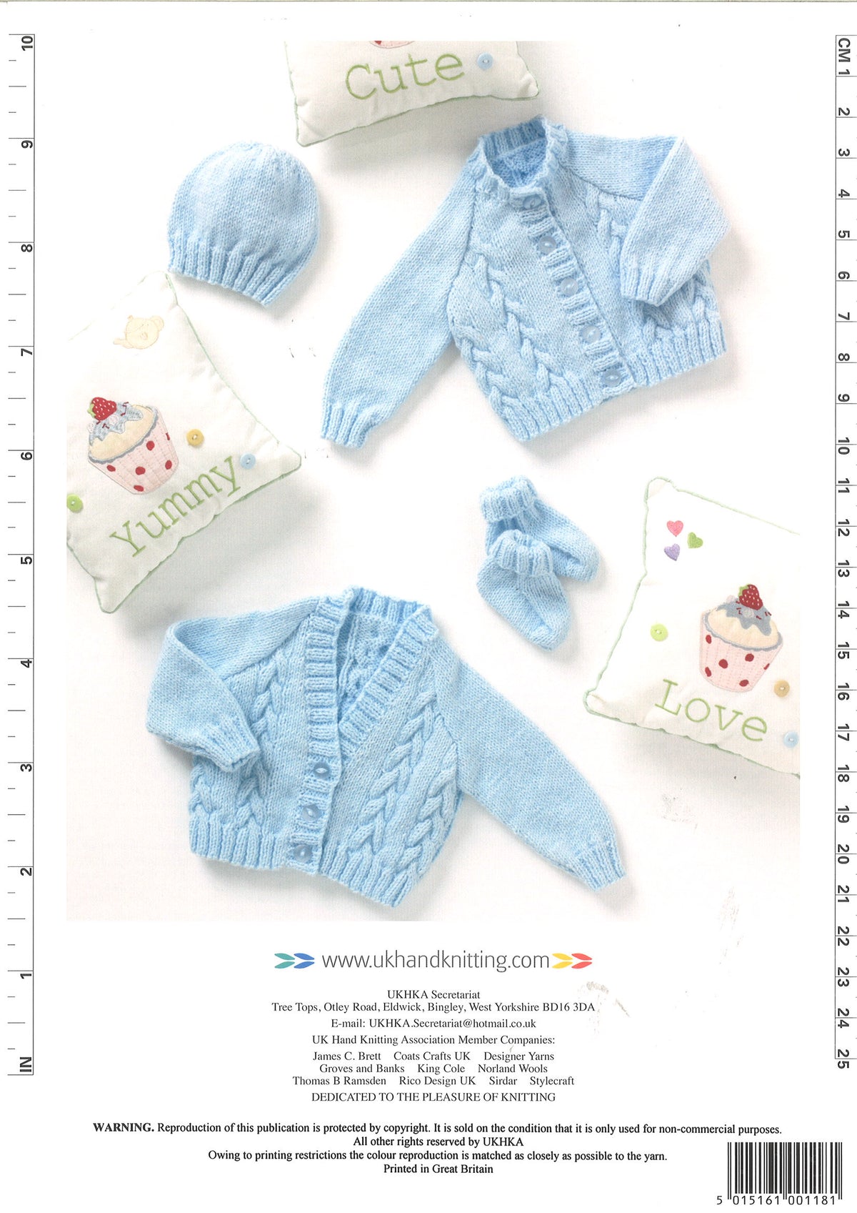 Cover of a UK Hand Knitting Association knitting pattern showing baby cardigans, bootees and a hat