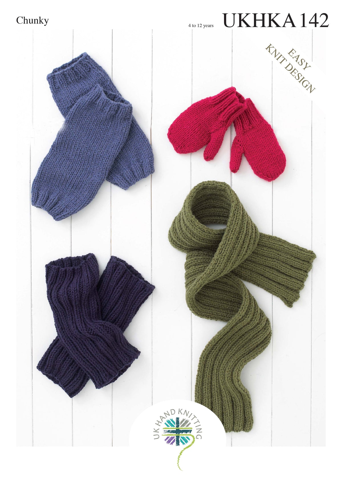 Chunky children's mittens, leg warmers and scarf knitting pattern cover