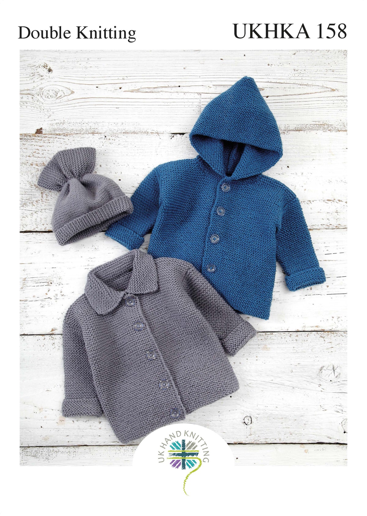 Cover of a UK Hand Knitting Association knitting pattern showing jackets and a hat