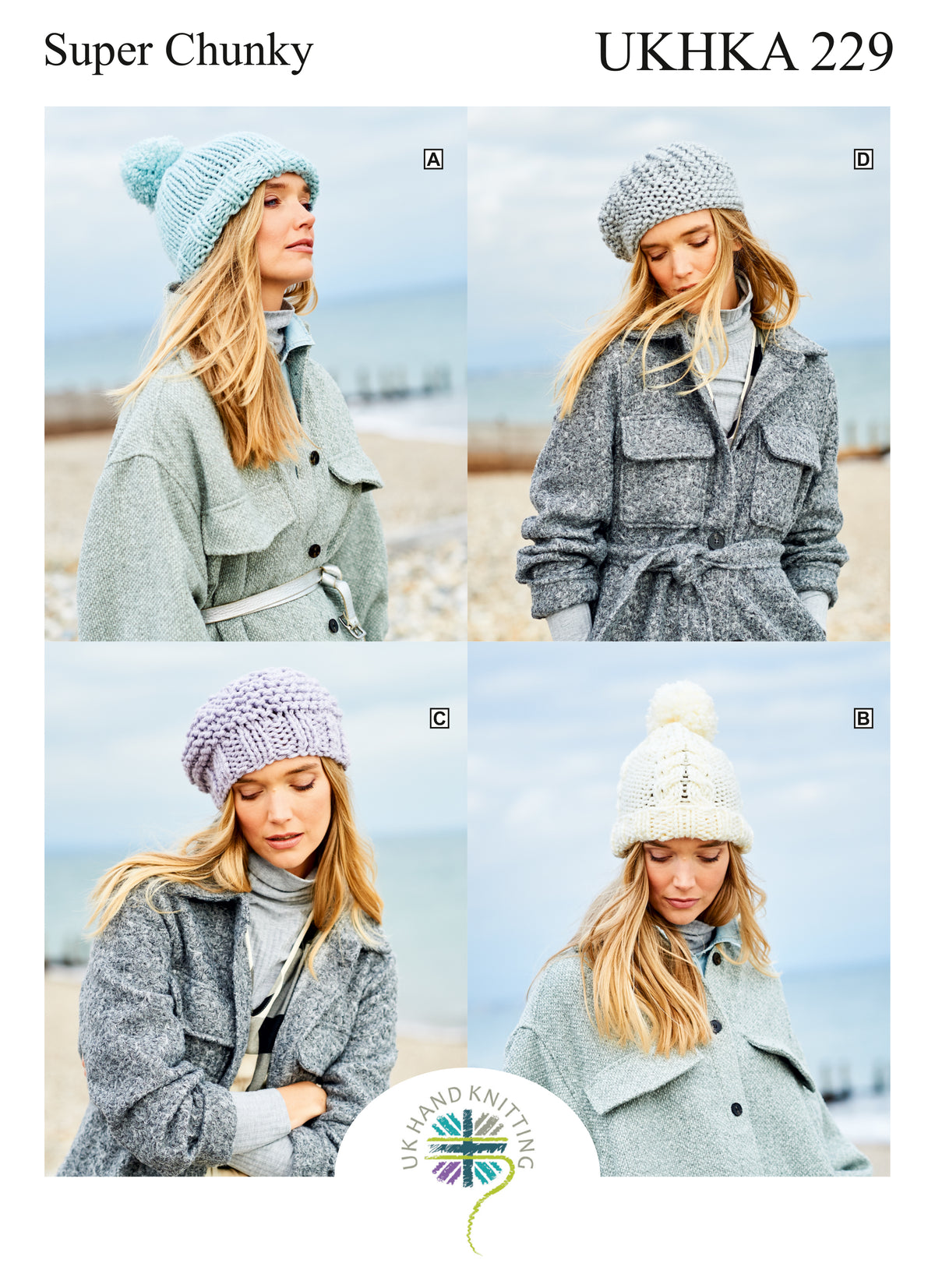 Knitting pattern cover showing super chunky knitted hats