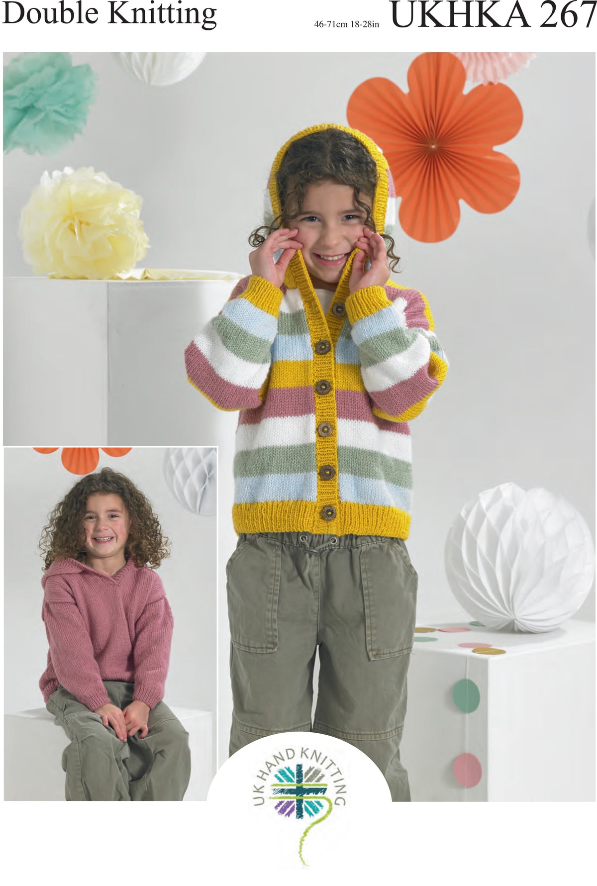 UK Hand Knitting Association pattern 267 cover showing hooded cardigan