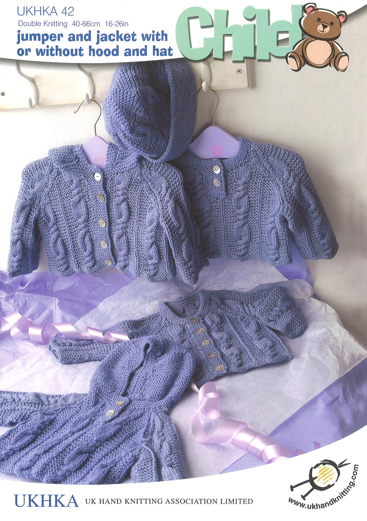 Knitting pattern cover showing a knitted jumper, jacket and hat