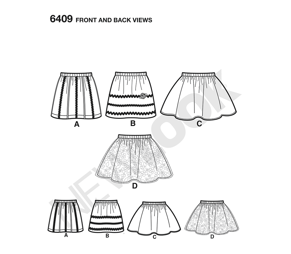 New Look N6409 sewing pattern envelope showing children's pull-on skirts designs