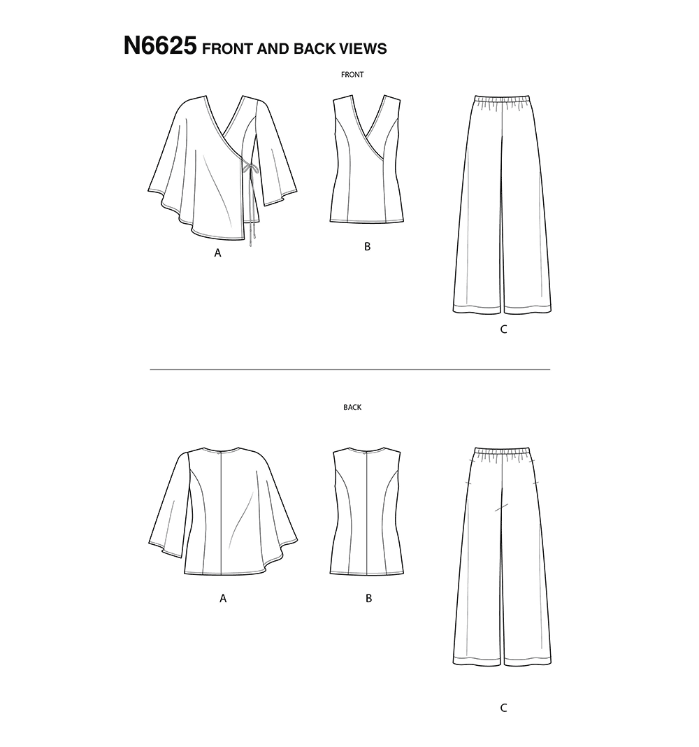 New Look N6625 sewing pattern envelope showing tops and pull-on trousers designs