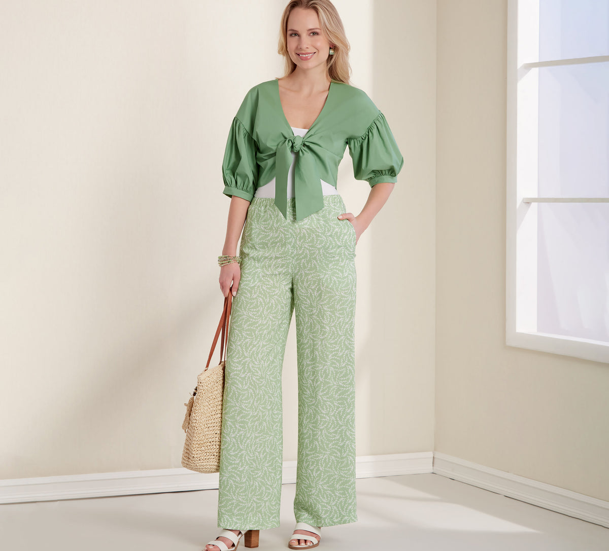 New Look N6677 sewing pattern envelope showing tie jacket and wide leg trousers designs